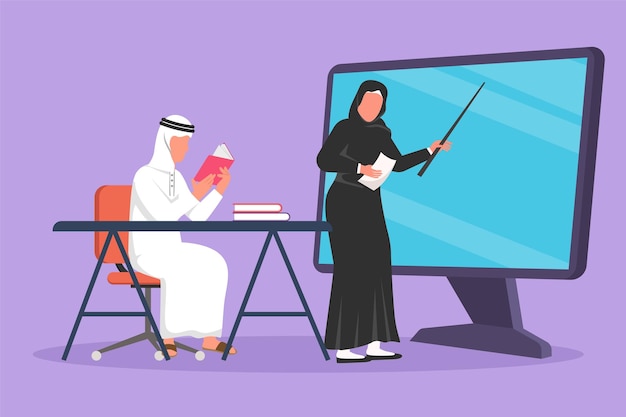 グラフィック フラット デザイン図面本を保持しているモニター画面の前に立って、机の近くの椅子に座っている高校生を教えるアラブの女性教師漫画スタイルのベクトル図