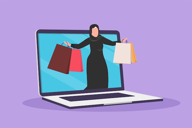 Disegno grafico piatto donna araba che esce dallo schermo del computer portatile con borse della spesa in mano vendita stile di vita digitale consumismo negozio online tecnologia illustrazione vettoriale in stile cartone animato