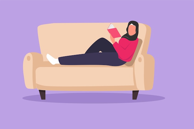 Вектор Графический рисунок плоского дизайна арабская женщина лежит на диване и читает книгу дома счастливая женщина читает литературу самообразование на расстоянии изучения расслабляющей концепции векторная иллюстрация в стиле мультфильма