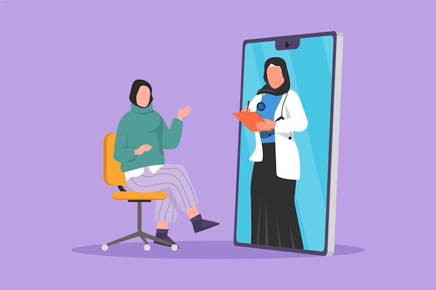 Graphic flat design drawing Arabian female doctor comes out of smartphone holding clipboard and checking condition of female patient sitting on chair Online medical Cartoon style vector illustration