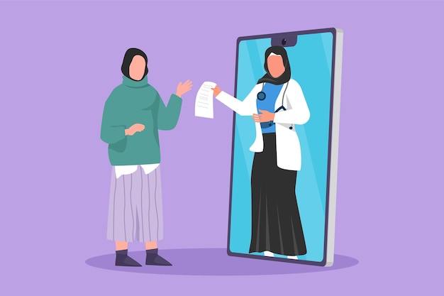 Graphic flat design drawing arabian female patient receiving prescription from female doctor coming out of smartphone screen online medical healthcare consultation cartoon style vector illustration