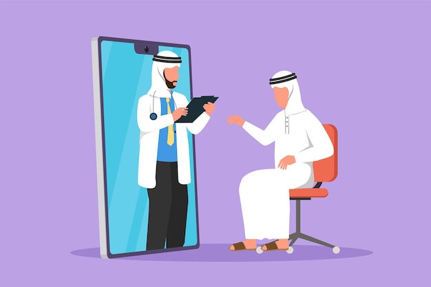 Vector graphic flat design drawing arabian male doctor come out of smartphone screen holding clipboard checking condition of male patient sitting on chair online medical cartoon style vector illustration