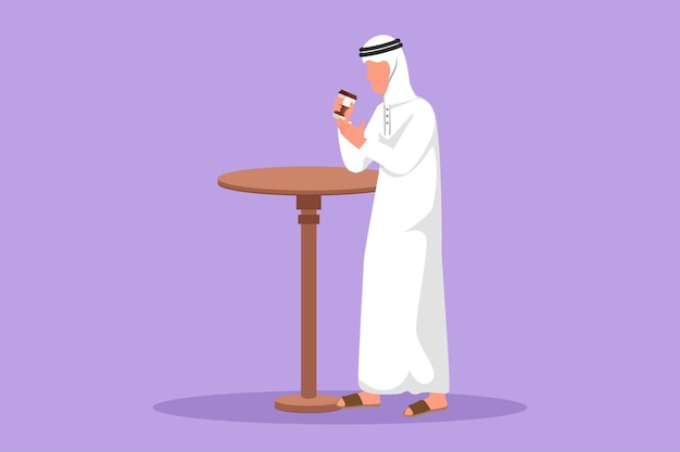 Graphic flat design drawing Arabian man stand at table in cafe relaxing in cafeteria Coffee break morning daily concept Drinking hot flavored coffee at restaurant Cartoon style vector illustration