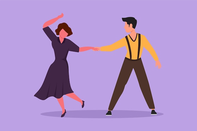 Graphic flat design drawing attractive male and female professional dancer couple dancing tango waltz dances together on dancing contest dancefloor Happy activity Cartoon style vector illustration