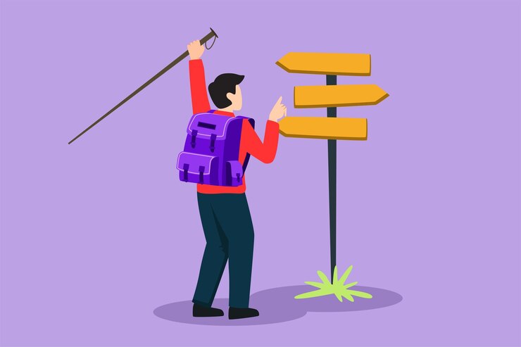 Vector graphic flat design drawing back view of young man hiker with backpack and map hiking in mountains or forest and exploring nature active outdoor travelling symbol cartoon style vector illustration
