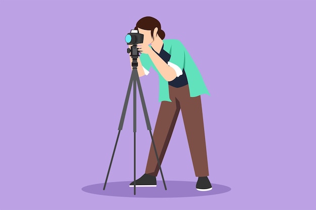 graphic flat design drawing beautiful woman paparazzi or photographer shooting appearance of show business stars or other celebrities with tripod female with camera cartoon style vector illustration