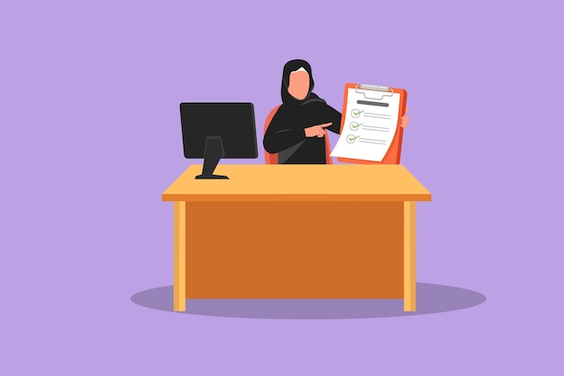 Graphic flat design drawing beauty banking clerk showing bank credit loan contract or mortgage agreement sitting at desk with computer Arabian businesswoman lender Cartoon style vector illustration