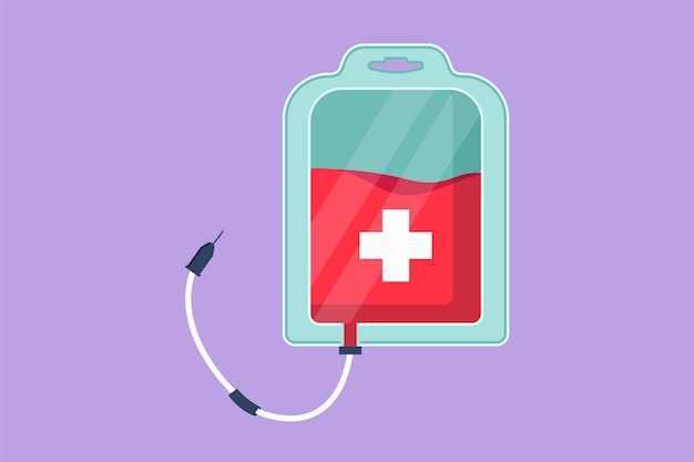 Graphic flat design drawing blood bag logo label IV bag in trendy flat style Infuse icon Blood bag for emergency rescue Medicine clinic and health care symbol Cartoon style vector illustration