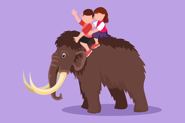 Graphic flat design drawing brave little boy and girl caveman riding woolly mammoth together Kids sitting on back of mammoth Stone age children Ancient human life Cartoon style vector illustration