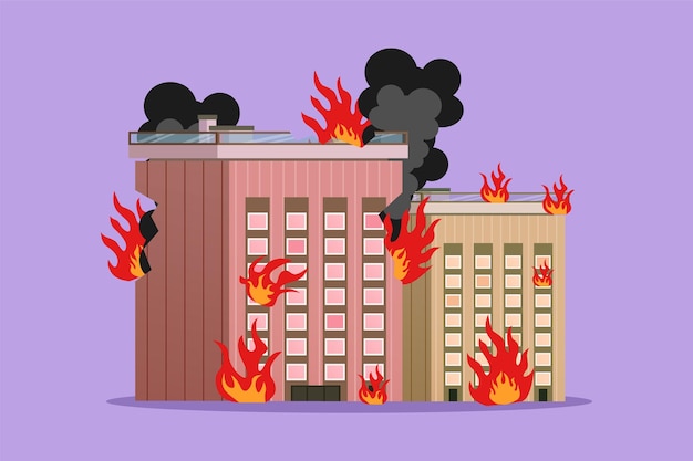 graphic flat design drawing burning office building logo icon label office building in flames insurance symbol from financial security safety damage accident cartoon style vector illustration