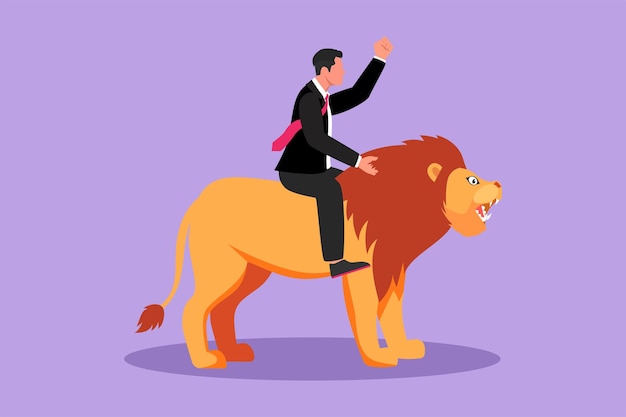 Graphic flat design drawing businessman riding lion symbol of success Business metaphor concept looking at goal achievement leadership Professional entrepreneur Cartoon style vector illustration