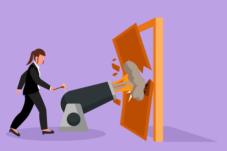 Vector graphic flat design drawing businesswoman ignites cannon in front of door and destroying door eliminating barrier of entries destroying obstacles with brute force cartoon style vector illustration