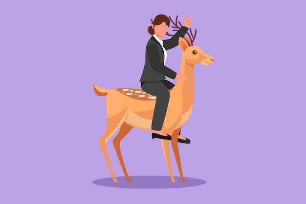 Graphic flat design drawing businesswoman riding deer Investment bullish stock market trading rising bonds trend Success businesswoman trader Business metaphor Cartoon style vector illustration