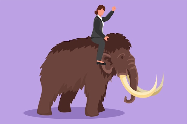 Graphic flat design drawing of businesswoman riding huge dangerous mammoth professional entrepreneur female character successful business woman business metaphor cartoon style vector illustration