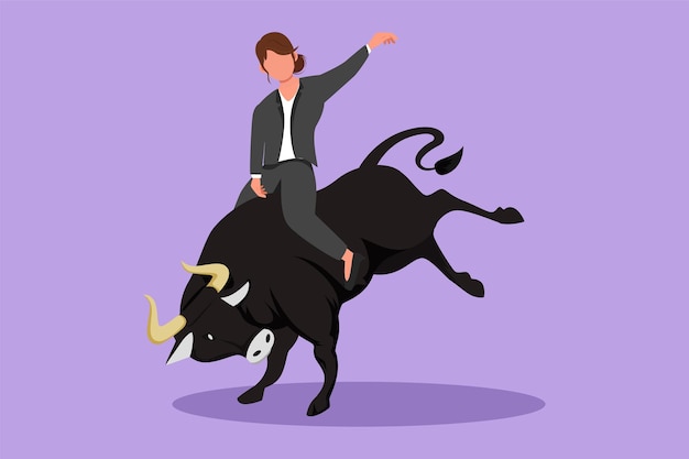 Графический плоский дизайн, рисующий деловую женщину верхом на быке родео Инвестиционный бычий фондовый рынок, торгующий растущей тенденцией роста облигаций Успешная деловая женщина или женщина-трейдер Векторная иллюстрация в мультяшном стиле