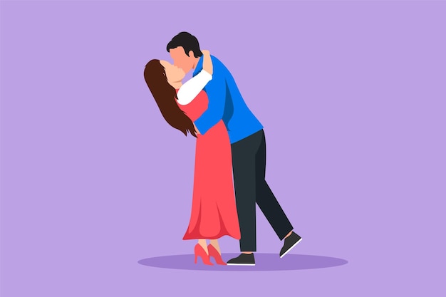 Графический плоский дизайн, рисующий веселого мальчика и девочку в любви, целующих влюбленных пар, целующихся и обнимающих друг друга Счастливый мужчина и женщина празднуют годовщину свадьбы Векторная иллюстрация в стиле мультфильма