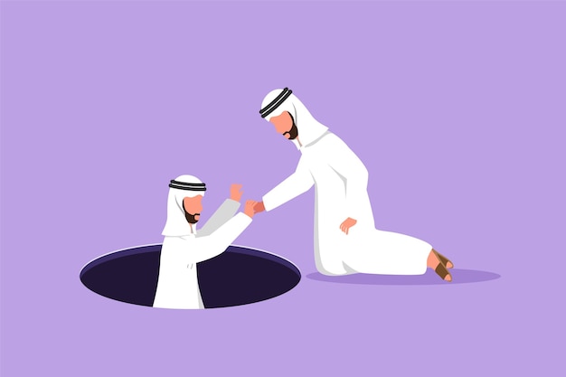 Graphic flat design drawing competitive Arab businessman helping his friend by take him out from hole Two men one of whom helps another Business struggle teamwork Cartoon style vector illustration