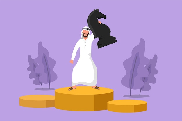 Графический плоский дизайн, рисующий конкурентоспособного арабского бизнесмена, держащего шахматную фигуру рыцаря Успешная тактика предпринимательства Стратегия превосходства в бизнес-целях Мультфильм векторная иллюстрация
