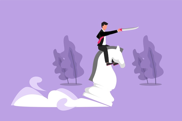 Graphic flat design drawing competitive businessman riding big chess horse knight with sword Idea business strategy winning competition achievement goal concept Cartoon style vector illustration