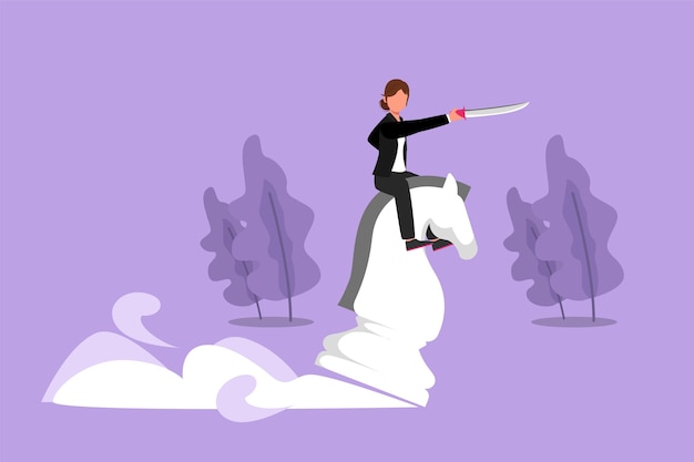 Graphic flat design drawing of competitive businesswoman riding chess horse knight with sword Idea business strategy winning competition achievement goal concept Cartoon style vector illustration