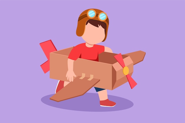 Graphic flat design drawing creative little boy playing as pilot with cardboard airplane Happy kids riding handmade airplane Plane game for children at playground Cartoon style vector illustration