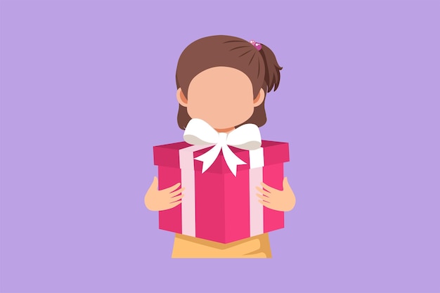 Graphic flat design drawing cute girl holding big ribbon bow wrapped gift box in front of her in arms Little girl carries holiday gift with big red bow in her hands Cartoon style vector illustration