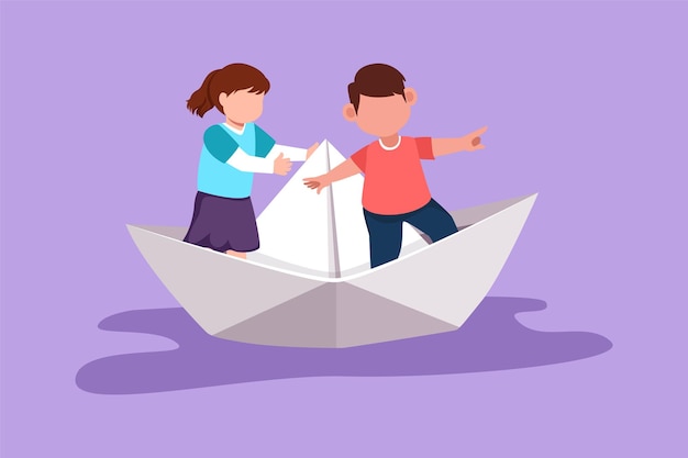 Graphic flat design drawing cute little boys and girls floating on paper boat on small lake at city park happy kids having fun and playing sailor in imaginary world cartoon style vector illustration