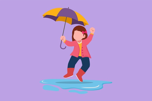 Graphic flat design drawing cute little girl play wear raincoat and umbrella Child playing in rain Kid in raincoat and rubber boots plays in rain puddle splashing Cartoon style vector illustration