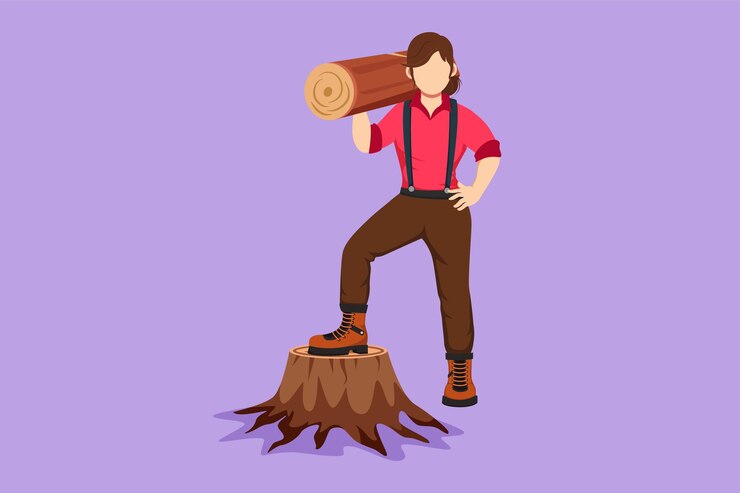 Vector graphic flat design drawing cute woman lumberjack or woodcutter holding timber wooden materials manufacturing standing with axe posing with one foot on tree stump cartoon style vector illustration