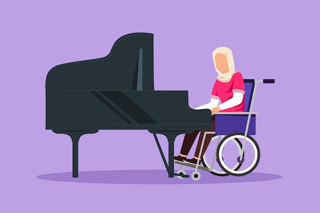 Graphic flat design drawing of disabled young Arabian woman in wheelchair playing piano in concert Disability and classical music Physically rehabilitation patient Cartoon style vector illustration