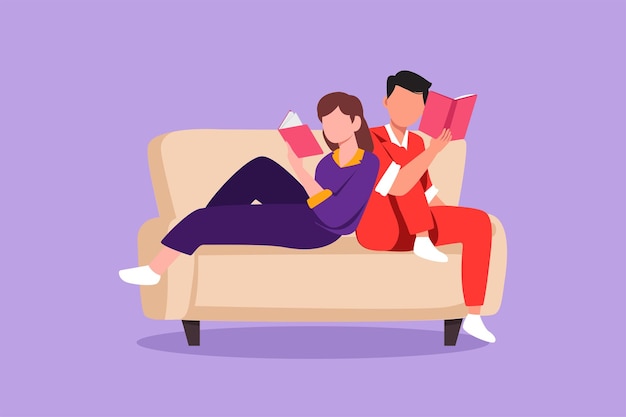 Graphic flat design drawing evening rest of romantic couple scene with man and woman on sofa relaxing handsome male and beautiful female reading book in lounge room cartoon style vector illustration