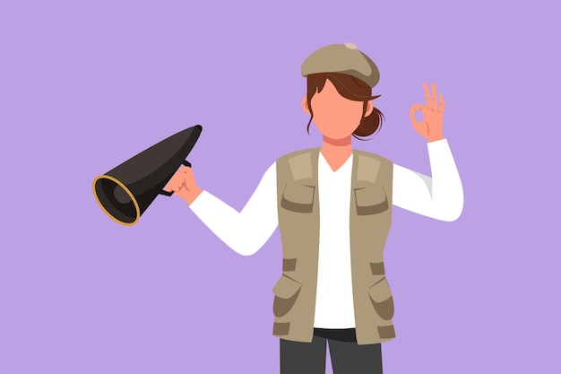 Graphic flat design drawing female film director holding megaphone with okay gesture wearing vest and cap while set film crew for shooting romance movie in studio Cartoon style vector illustration