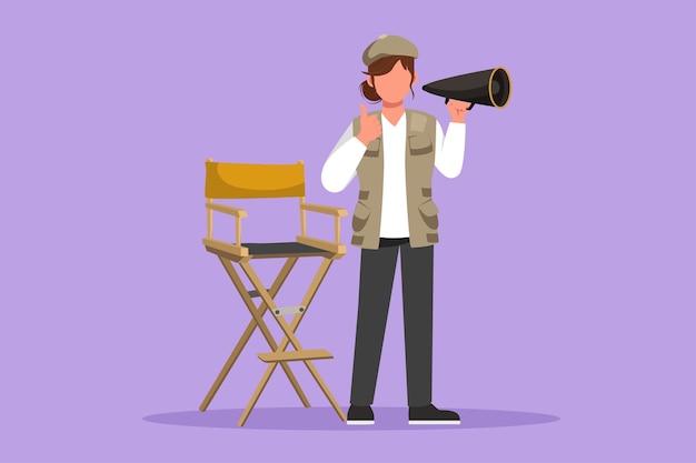 Graphic flat design drawing female film director standing and holding megaphone with thumbs up gesture while prepare camera crew for shooting action romantic series Cartoon style vector illustration