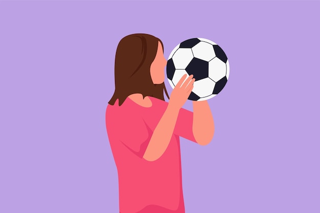 Vettore disegno grafico del giocatore di calcio femminile che bacia la palla con orgoglio espressione felice nella competizione a livello nazionale giocatore professionista nel centro di allenamento illustrazione vettoriale in stile cartone animato