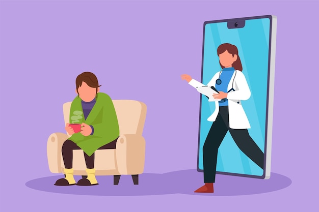 Graphic flat design drawing female patient having fever sitting on sofa using blanket hold mug and there is female doctor walking out of smartphone with clipboard Cartoon style vector illustration