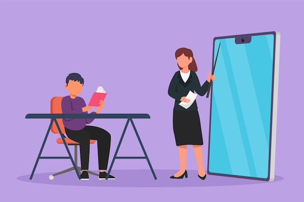 Graphic flat design drawing female teacher standing in front of smartphone screen holding book teaching male junior high school student sitting on chair near desk Cartoon style vector illustration