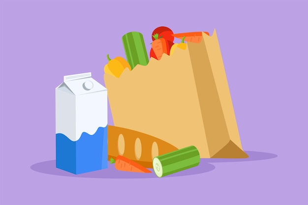 Графический плоский дизайн, рисующий свежие вкусные овощи, молочный багет и хлеб внутри бумажной продуктовой сумки, иконка.