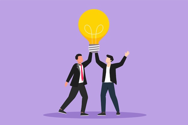 Graphic flat design drawing of goal achievement winning teamwork business Group of team businessman holding light bulb Successful trouble solution idea creation Cartoon style vector illustration