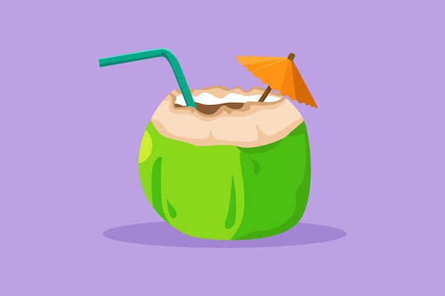 Graphic flat design drawing green coconuts with drinking straw For flyer sticker card logo symbol Relieves thirst and dehydration in summer Healthy lifestyle Cartoon style vector illustration