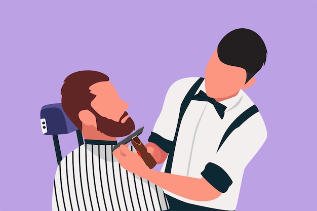 Graphic flat design drawing grooming of real man Side view of bearded man getting beard haircut at hairdresser while sitting in chair at barbershop Professional barber Cartoon vector illustration