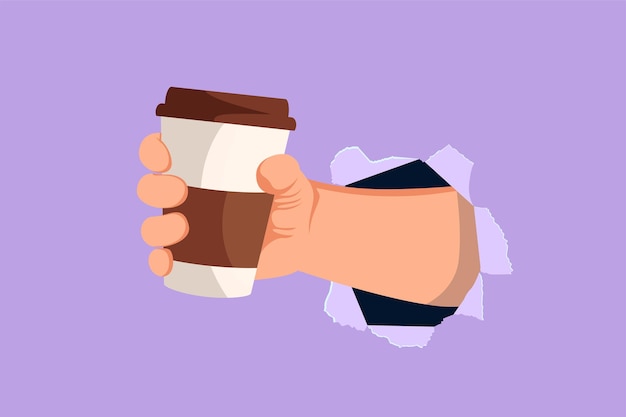 Graphic flat design drawing hand holding disposable paper of coffee cup through torn blue paper or hole Energy boost hot drink in take away package from restaurant Cartoon style vector illustration