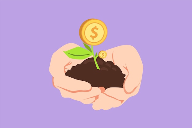 Graphic flat design drawing hands holding money plant in soil on white background hand of businessman holding sprout a money tree earnings success in work money cartoon style vector illustration