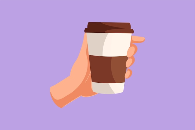 Graphic flat design drawing hands in side view hold paper to go take away coffee or tea cup Hand holding reusable mug of hot coffee Zero waste concept for beverage Cartoon style vector illustration