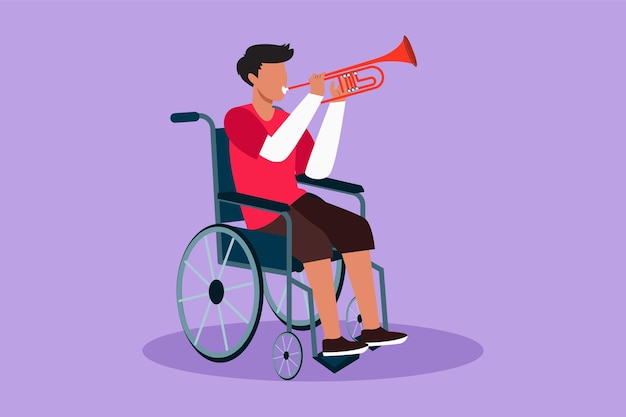 Graphic flat design drawing handsome male in wheelchair playing trumpet during music lesson Person in hospital perform musical event Rehabilitation center patient Cartoon style vector illustration