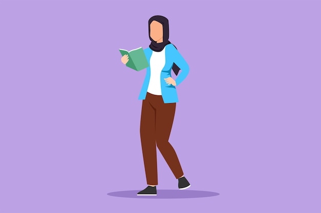 Vector graphic flat design drawing happy beautiful woman standing and reading book at library school pretty arabian female reader enjoying literature or preparing for exam cartoon style vector illustration