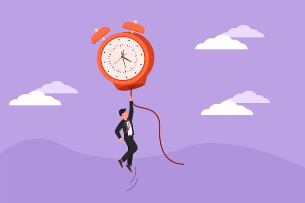 Graphic flat design drawing happy businessman or manager flying with big balloon alarm clock and hold rope time management transformation idea business metaphor cartoon style vector illustration