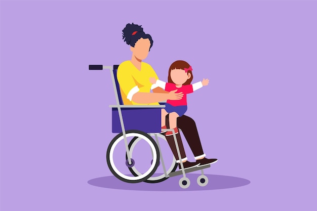 Vettore grafica piatta disegno disegno felice madre disabile con il suo bambino disabilità donna che tiene il bambino carino in braccio concetto di amore familiare disabilità fisica e società illustrazione vettoriale in stile cartone animato