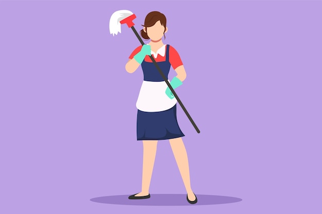 Graphic flat design drawing happy female cleaning staff member holding mop in gloves on blue background concept of different people like working in cleaning service cartoon style vector illustration