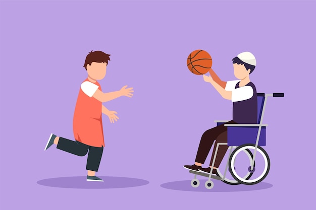 벡터 장애인 개념의 행복한 라이프스타일을 그리는 그래픽 플랫 디자인 휠체어를 탄 어린 아랍 소년이 야외에서 남자 친구와 공놀이를 하며 활동적인 라이프스타일을 살고 있습니다. 만화 스타일 벡터 그림