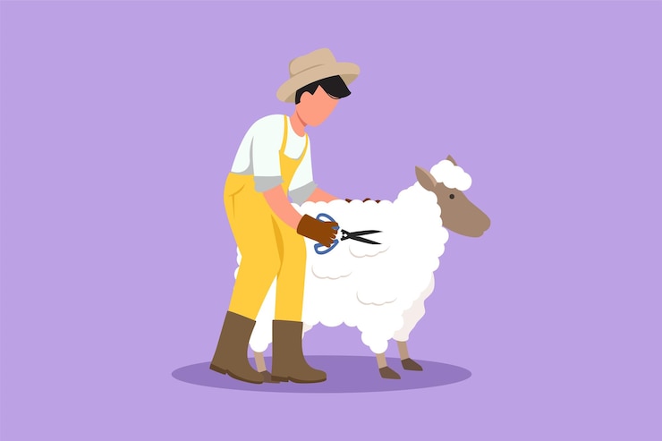Vector 그래픽 플랫 디자인 드로잉 행복한 남성 농부가 양을 가위로 만들어 스웨터를 만듭니다 시골에서 양을 기르는 결과 가축 노동자 활동 성공적인 농업 만화 스타일 벡터 그림